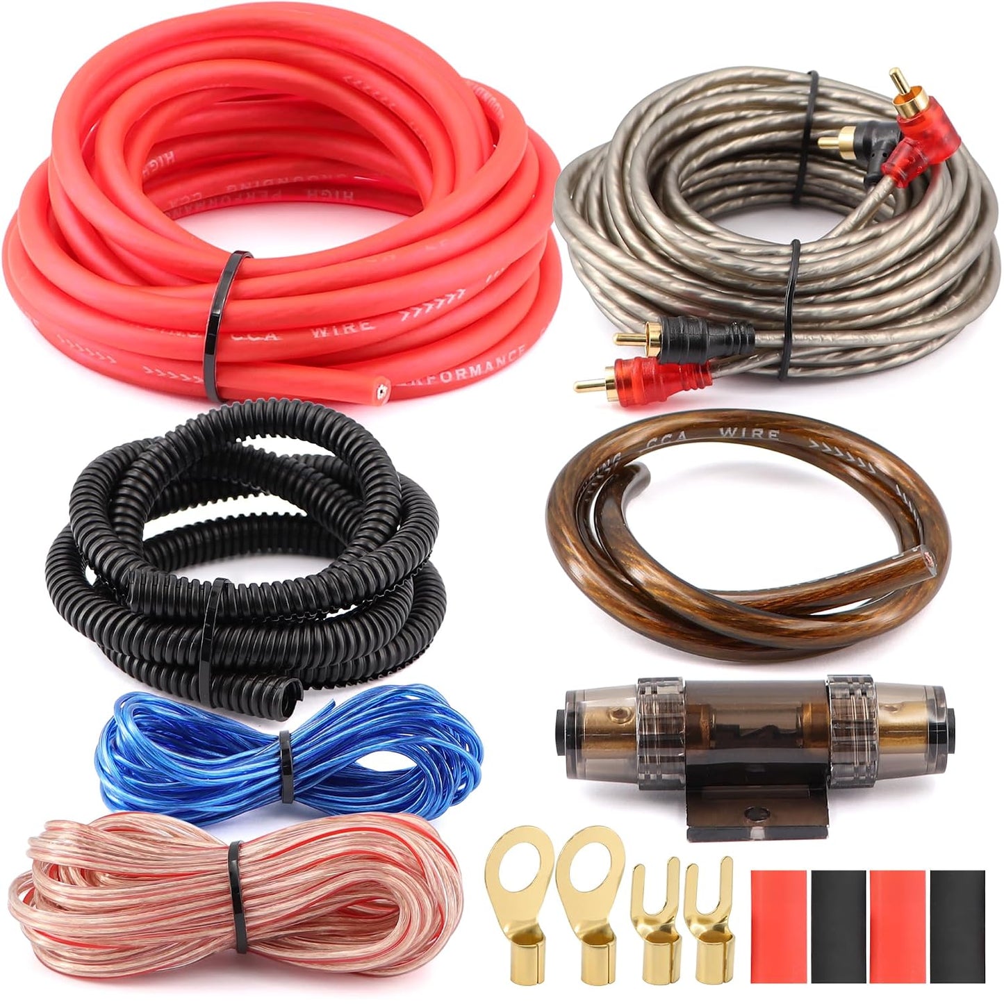 8 Gauge 1000W High-Performance Complete Amplifier Wiring Kit - with 60A AGU Fuse Holder, 17Ft Power/Ground Wire, Blue RCA & Speaker Cables | for Professional Car Audio Safe Installation