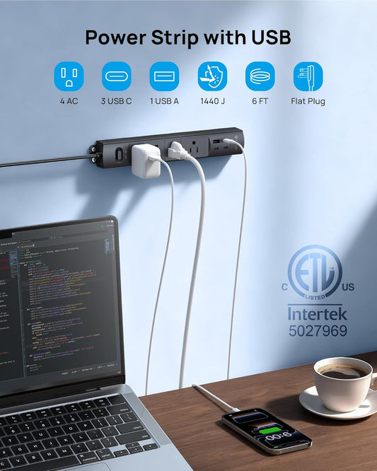 Wall Mount Surge Protector Power Strip with USB C Ports, ETL Listed | Low Profile Plug behind Furniture, 4 AC, 1440J, 6Ft Cord for Home Office Dorm Room under Desk Cable Management Tray, Black